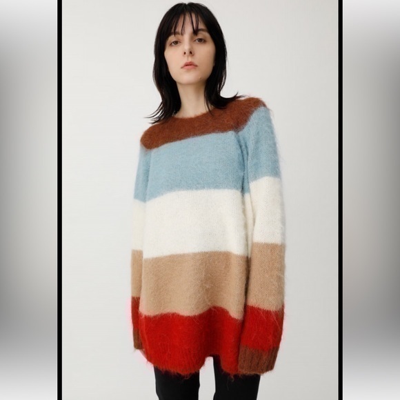 Moussy Oversized Fuzzy Striped Sweater with Alpaca - Picture 1 of 7